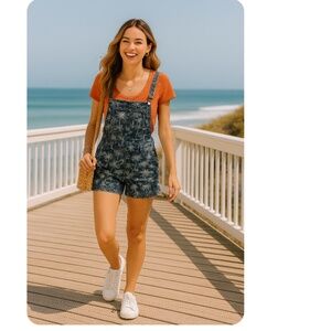 UNIONBAY Denim Shortalls Palm Tree & Hibiscus Design Size Jrs Small